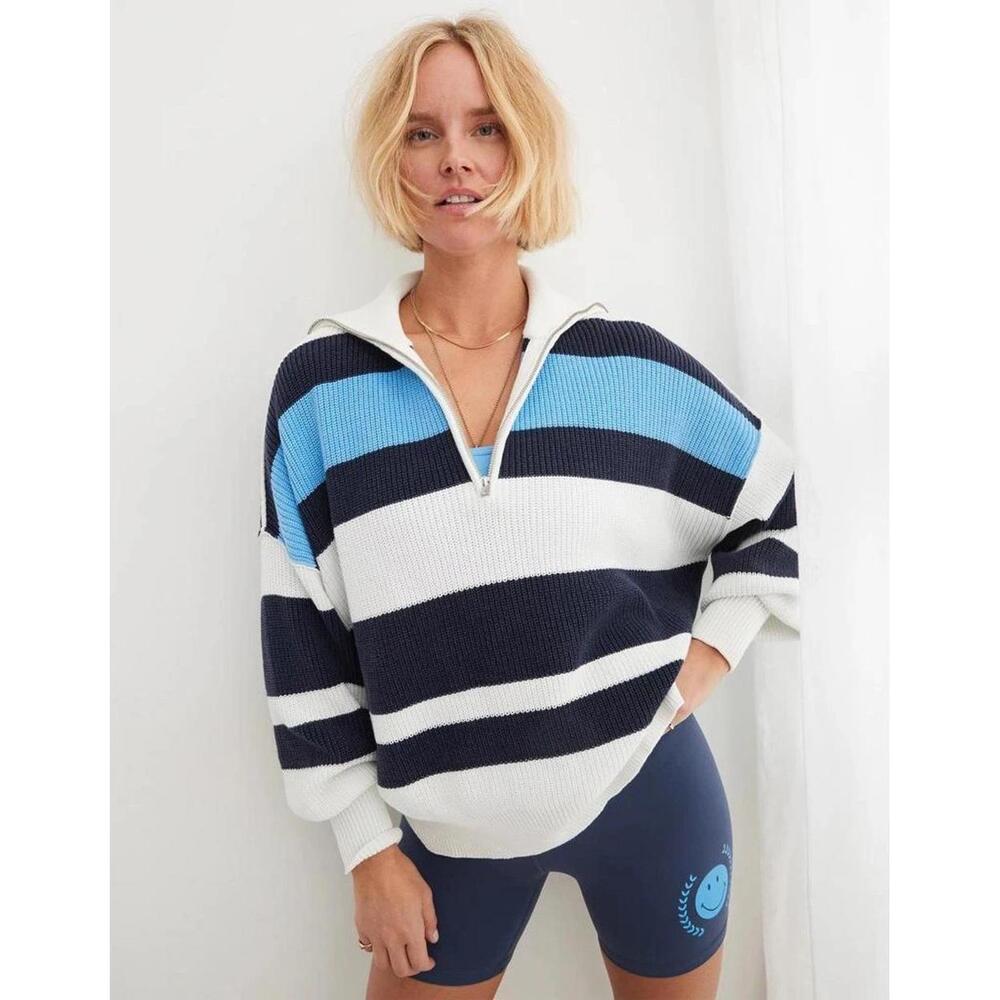 Aerie Beyond Women's Striped Quarter Zip Oversized Knit Sweater Sz L Nautical
